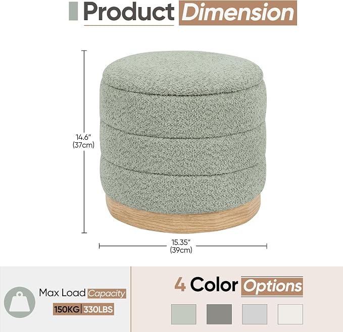 Round Storage Ottoman with Reversible Tray Lid, Folding Chenille Fabric - Image 3