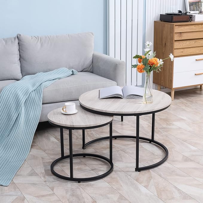 HOMCOM Round Nesting Tables Set of 2, Stacking Coffee Table Set - Image 2