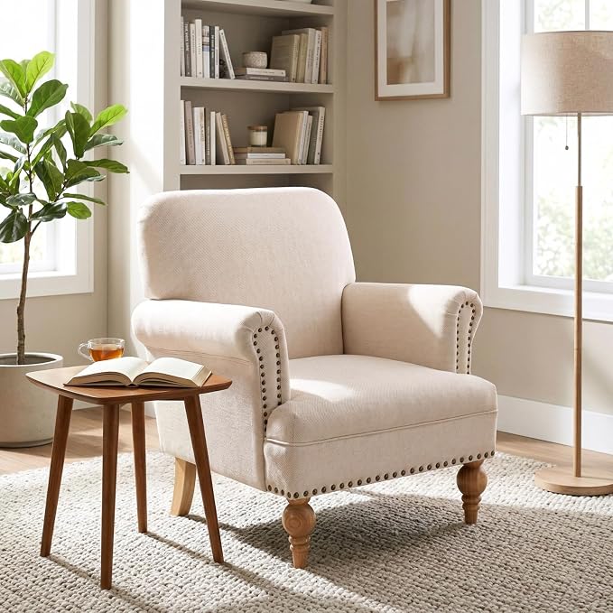 Beige Linen Fabric Accent Chairs Set of 2, Modern Farmhouse Upholstered - Image 6