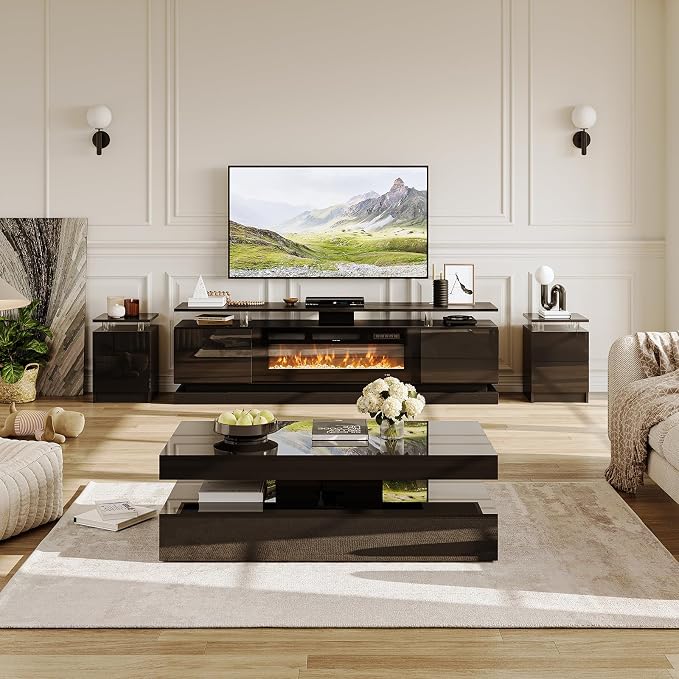 4-Piece Modern Living Room Table Set, Includes High Gloss 70" Fireplace TV Stand - Image 2