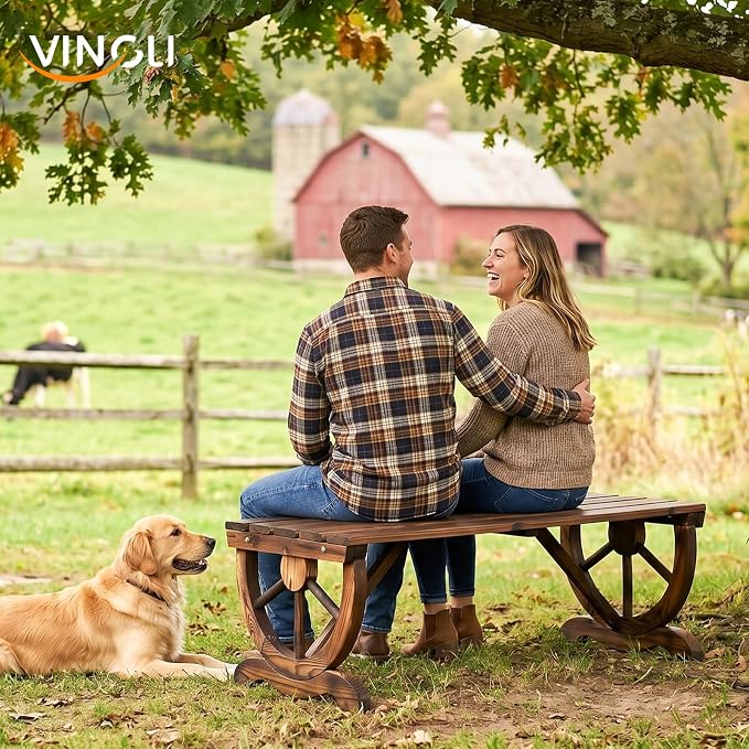 VINGLI Rustic Wooden Wheel Bench Outdoor Bench, Patio Bench Wagon Slatted Seat - Image 8