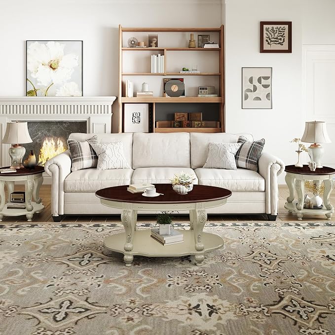 LKTART Oval Coffee Tables Set of 3, Vintage Wood Coffee Table - Image 2