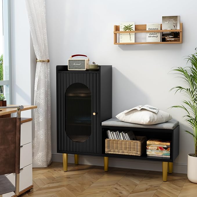 HLR Storage Bench with Glass Door&Shelf, Modern Entryway Shoe Cabinet Bench - Image 4