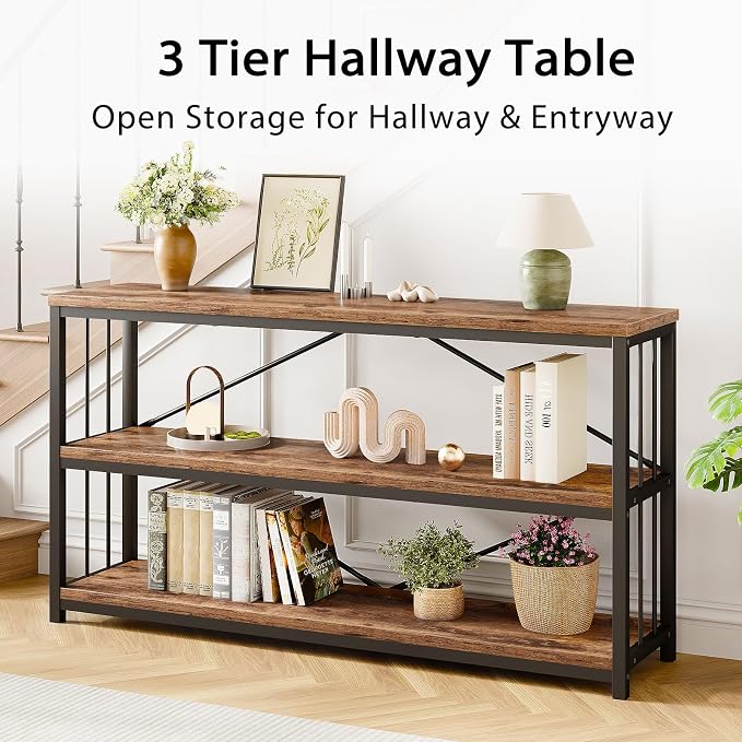 LVB Rustic 3 Tier Entryway Table, Industrial Long Wood Sofa Table Behind Couch - Image 7