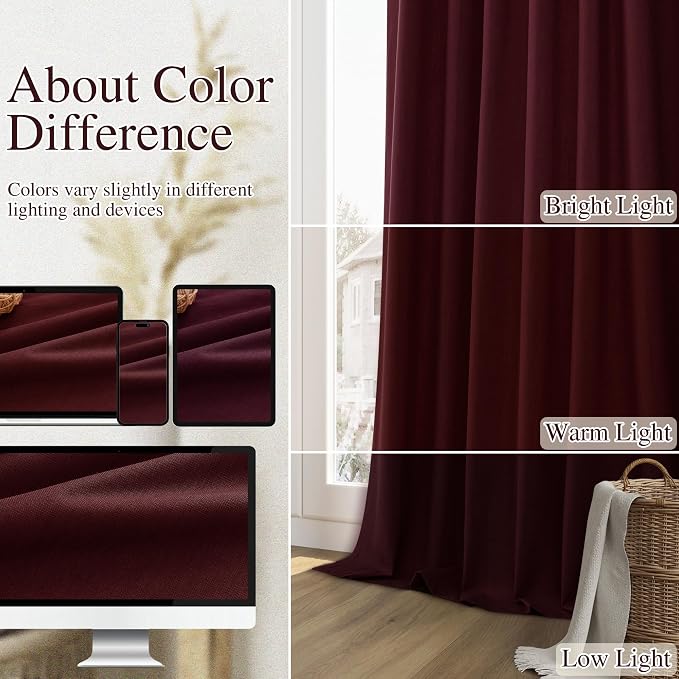 Burgundy 100% Blackout Linen Curtains 72 Inch Length 2 Panels Set - Image 7