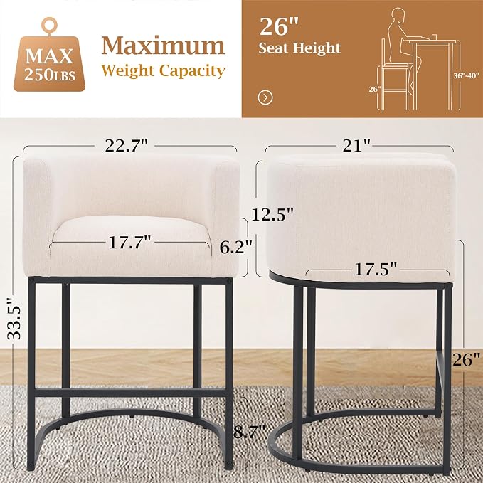 ClinQ 26" H Counter Height Bar Stools Set of 2, Modern Barrel Counter Stools - Image 2
