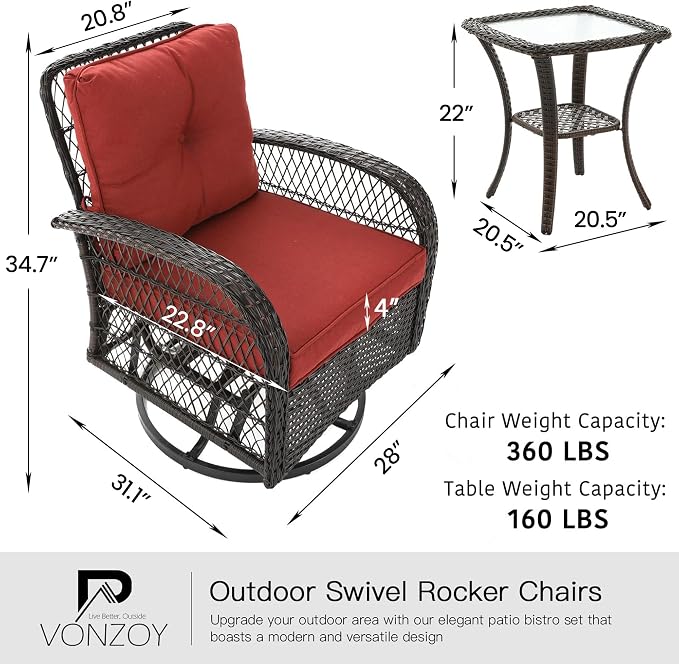 3 Pieces Patio Furniture Set, Outdoor Swivel Glider Rocker, Wicker Patio Bistro - Image 7