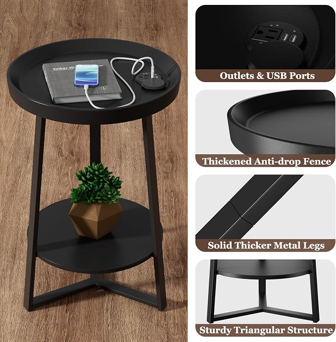 Gadroad Round End Table with Charging Station, USB Ports and Anti-Drop Fence - Image 4