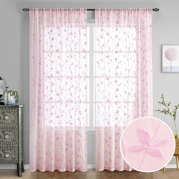 HOMEIDEAS Pink Sheer Curtains 52 X 84 Inches Length 2 Panels Embroidered Vine by HOMEIDEAS