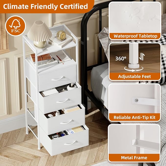 Somdot White Nightstand with 4 Drawers, Vertical Storage Tower Fabric Dresser - Image 6