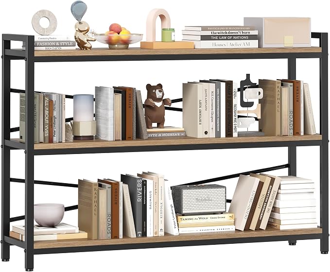 3 Tier Bookcase 47.24" Width, Long Industrial Book Shelf, Vintage Wooden Large by Homeiju