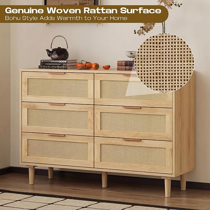 FUQARHY 6 Drawer Dresser Rattan Dresser Modern Chest - Image 5
