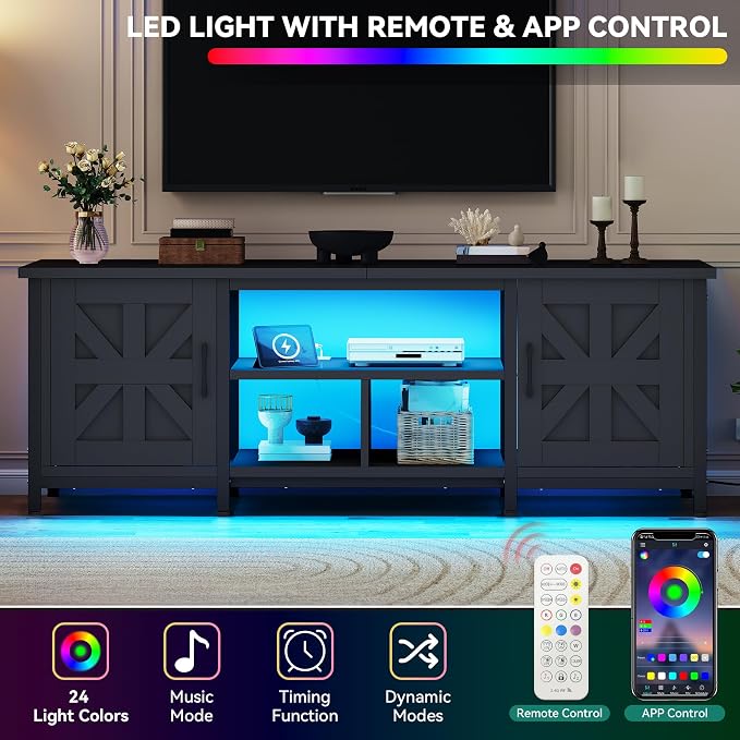 YITAHOME TV Stand with LED Lights & Charging Station, Farmhouse Entertainment - Image 5
