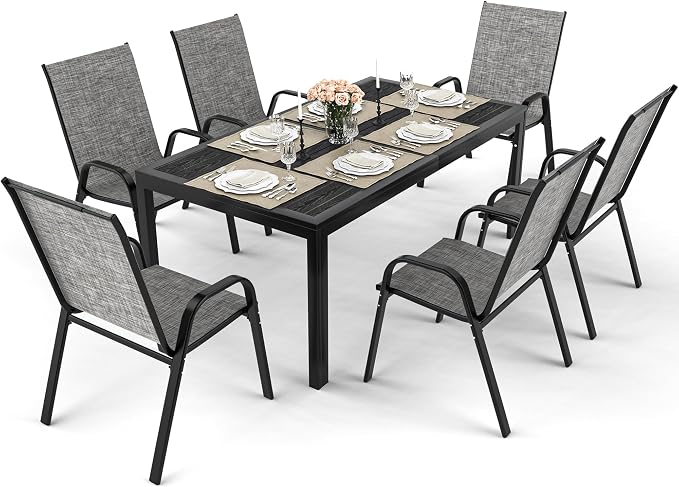 Pamapic Outdoor Dining Sets for 6, Rectangular Steel Slat Table - Image 2
