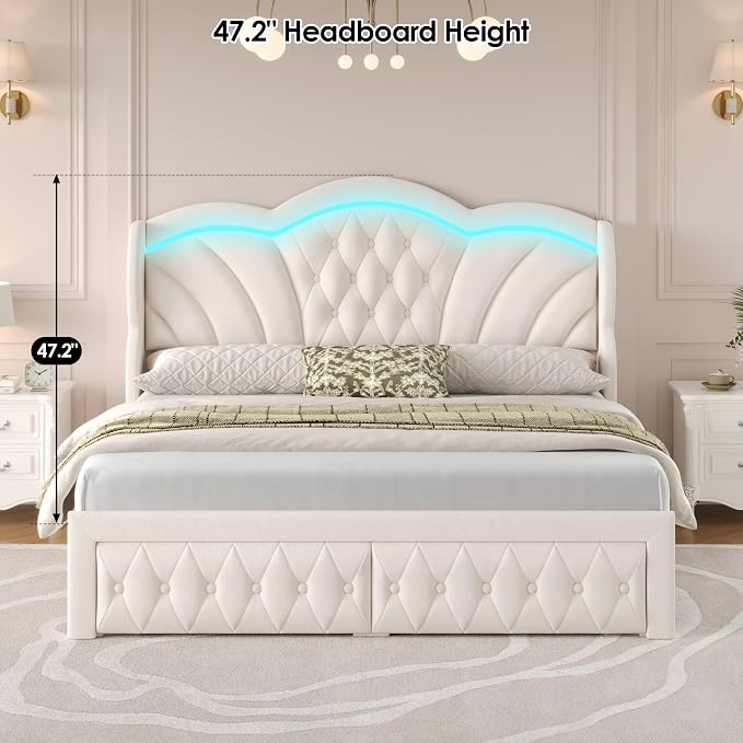 Keyluv Full Bed Frame Arc-Shaped LED Lights and 47.2" Height Wingback Bed - Image 5
