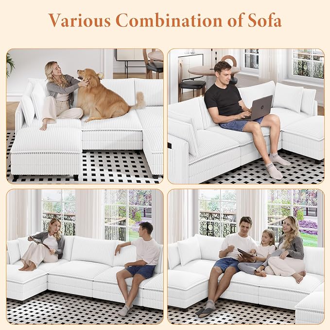 Vesgantti 109" U Shaped Cloud Sectional Sofa, Comfy Corduroy Upholstered - Image 6