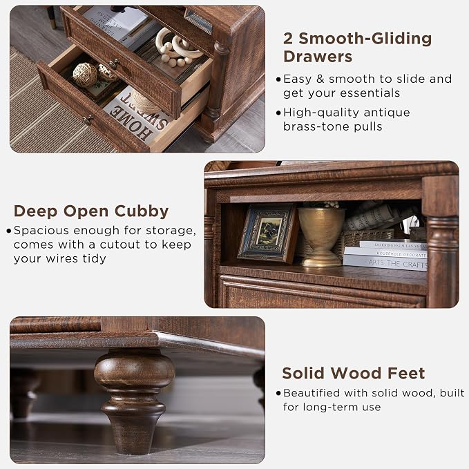 T4TREAM 24'' Farmhouse End Table w/4 Solid Wood Feet Set of 2, Large 2 Drawers - Image 5