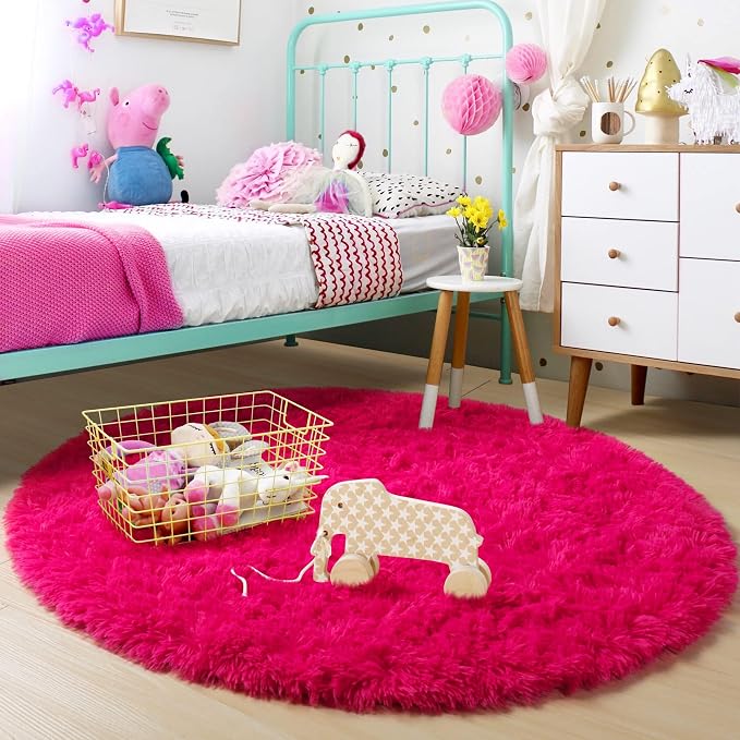 Hot Pink Small Round Rug 3Ft for Girls Bedroom, Fluffy Circle Area Rugs for - Image 2
