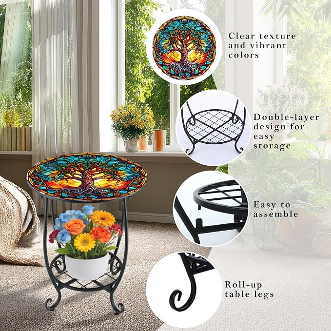 Cinnvoice Outdoor Side Table Round Small Mosaic Patio Accent Indoor End Plant - Image 4