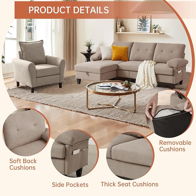 2PCS Sectional Sofa Set with Ottoman, Modern Linen 4 Seater Couch Set with Side - Image 3