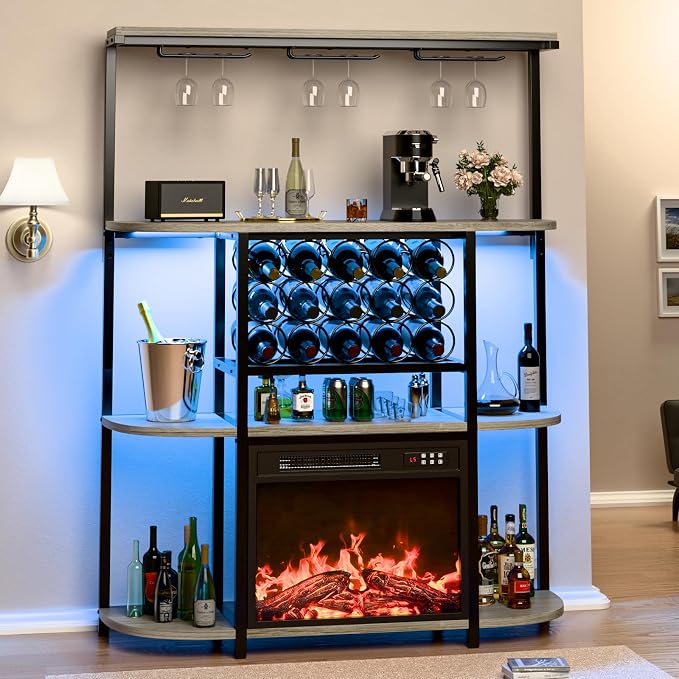 PUKAMI Bar Cabinet with Fireplace, Home Mini Bar Cabinet with Power Outlet and by PUKAMI