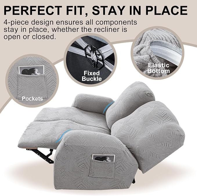 Recliner Loveseat Covers, 4-Piece Stretch Geometric Strokes Jacquard Reclining - Image 4