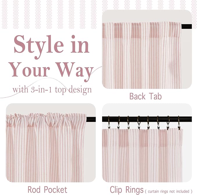RYB HOME Linen Cafe Curtains 24 inch Length, Kitchen Farmhouse Striped Tier - Image 2