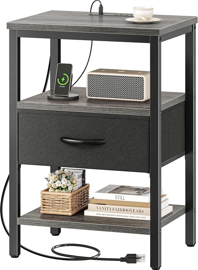 SUPERJARE Nightstand with Charging Station, Bed Side Table with Adjustable by SUPERJARE