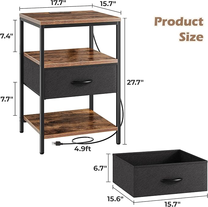 SUPERJARE Night Stand with Charger Station, 27.7 Inch Tall Nightstand with - Image 3