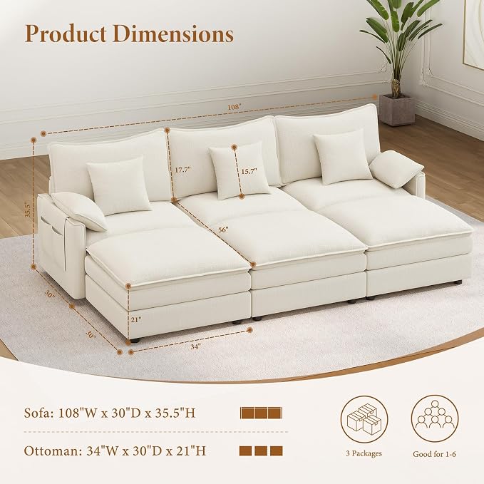 Vesgantti 108" Sectional Sleeper Sofa, 6-Seater Oversized Modular Cloud Couch - Image 2