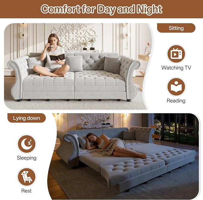 97.6" Oversized Pull Out Sofa Bed, Chesterfield Velvet Sleeper Sofa Couch - Image 3
