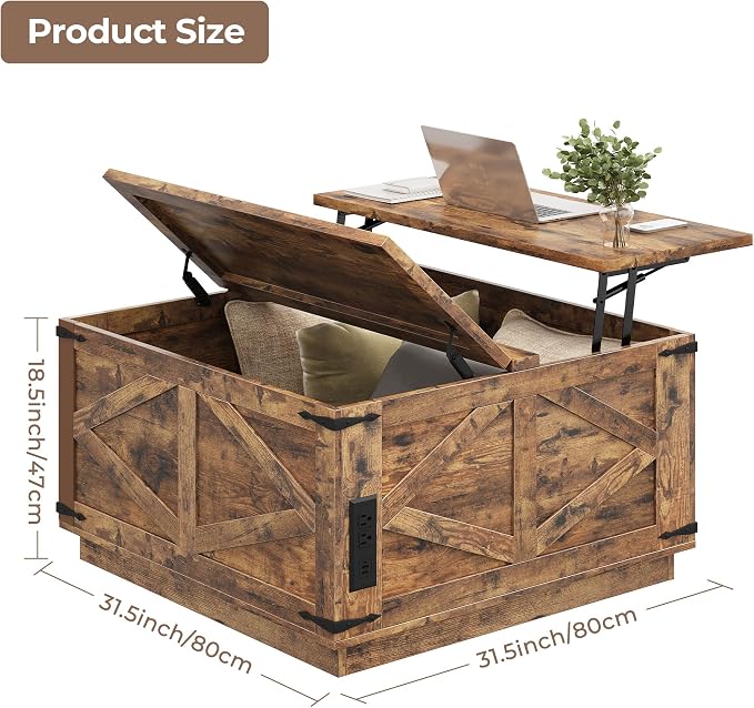 Jocoevol Farmhouse Lift Top Coffee Table, Square Wood Center Table - Image 2