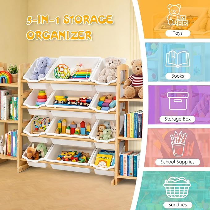 Toy Storage Organizer with Bookshelf – Wooden Toy Organizer with 12 Toy Bins & - Image 6