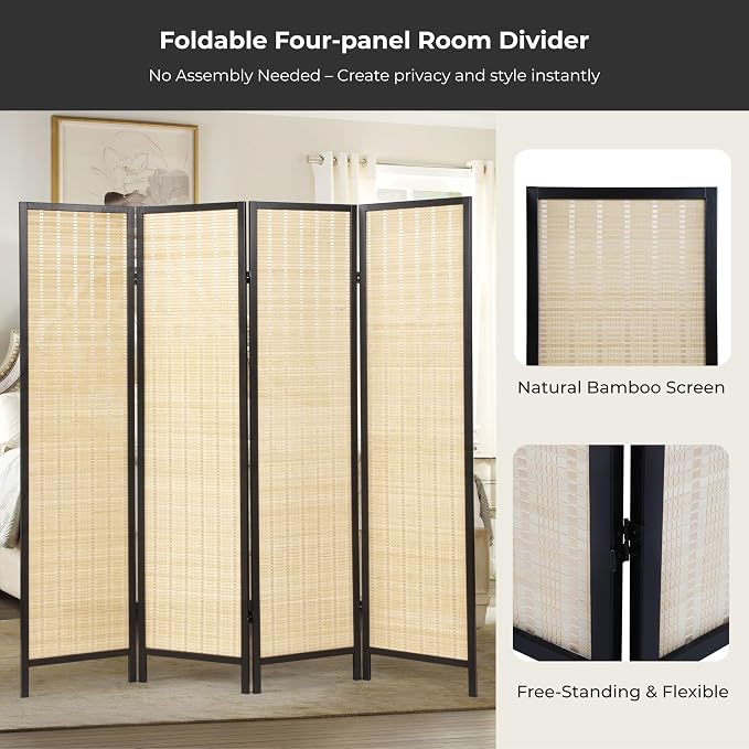 Roundhill Furniture Inkwell 4-Panel Bamboo Room Divider, Folding Portable - Image 4