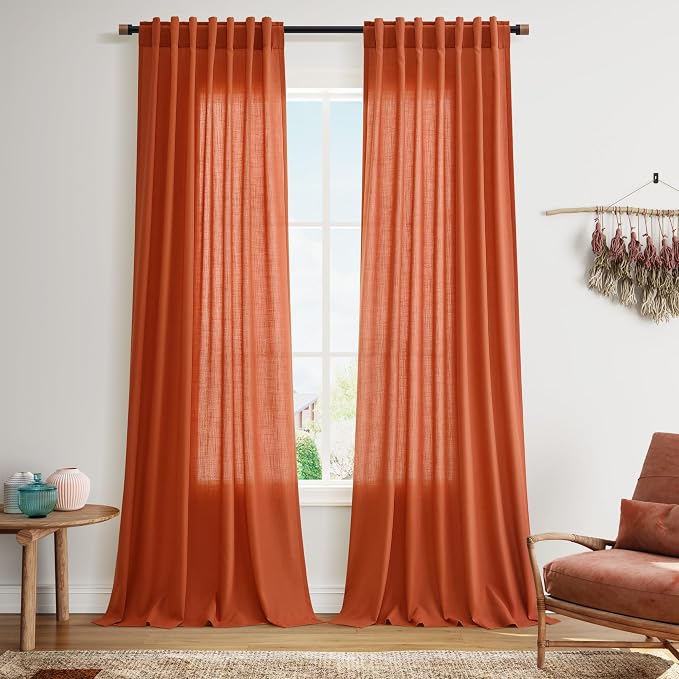 Nanspring Bright Orange Linen Blend Light Filtering Back Tab Curtains 102 by Nanspring