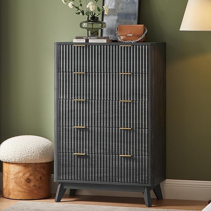T4TREAM Fluted 5 Drawers Dresser, Curved Profile Design, Wood Drawer Organizer by T4TREAMFurniture