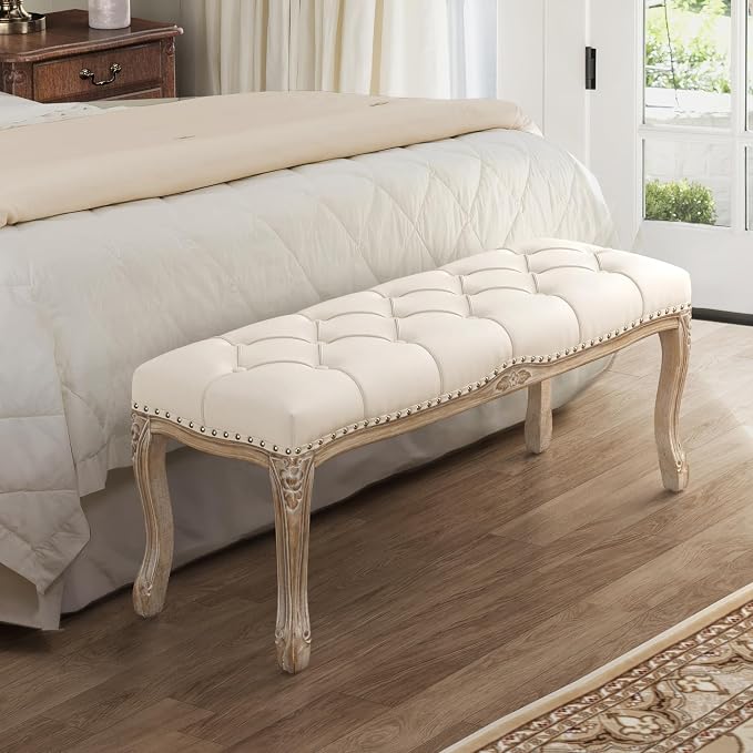 Cozyman Bedroom Bench, French Vintage Tufted Entryway Bench, 45.2" Carving - Image 8