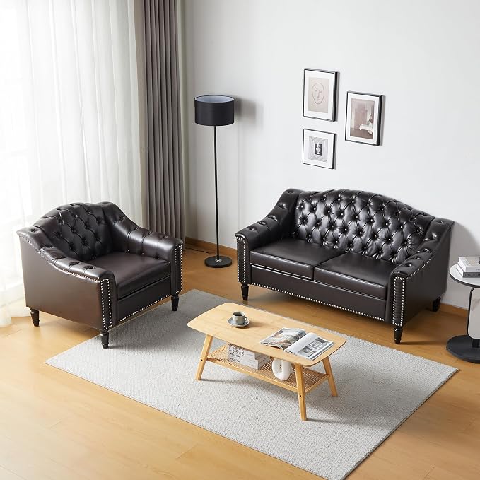 LEVNARY Chesterfield Loveseat Leather, Upholstered Sofa - Image 8