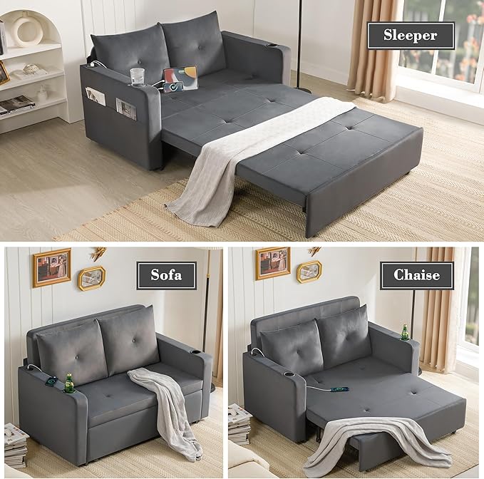 Krcix 3 in 1 Pull Out Couch, 56 Inch Velvet Sofa Bed, Convertible Sleeper Sofa - Image 5