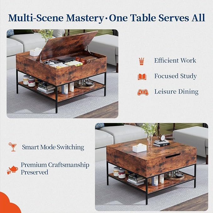 Coffee Table with Storage, Square Coffee Table with Display Shelf and Hidden - Image 5