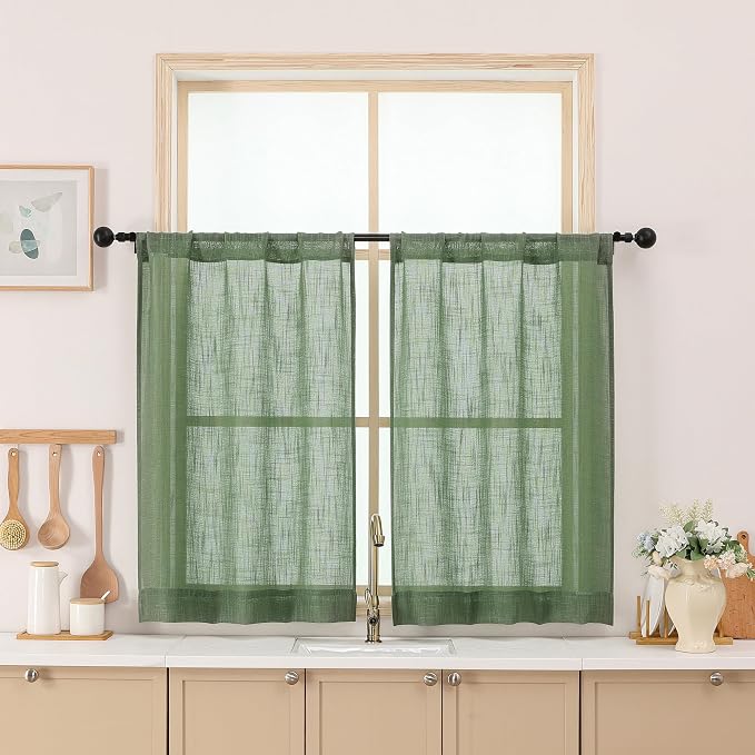 Chyhomenyc Sage Green Semi Sheer Curtains 36 Inch Length, Light Filtering Faux by Chyhomenyc