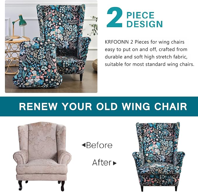 KRFOONN Wingback Chair Covers Slipcovers 2 Piece Stretch Wing Chair Covers - Image 4