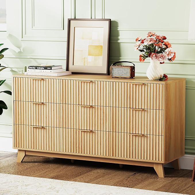 VINGLI Fluted 9 Drawer Dresser for Bedroom, Wood Dresser by VINGLI