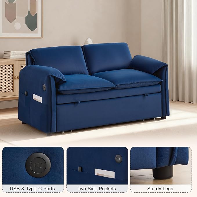 63" Velvet 3 in 1 Convertible Sleeper Sofa Bed, Pull Out Couch Bed Loveseat - Image 4