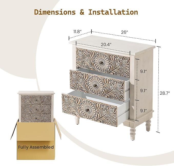 SUNBURY Nightstand w 3 Drawers, End Table Living Room Small Side Table - Image 3
