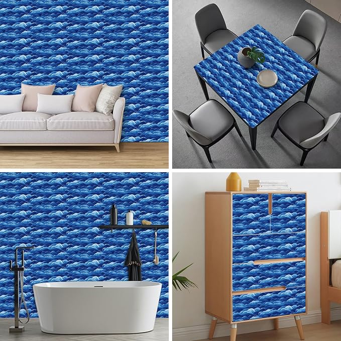 HOMETITUTE Wave Pattern Wallpaper Peel and Stick Ocean Blue Contact Paper Wall - Image 5