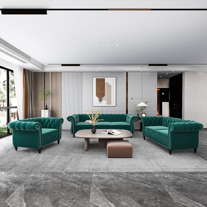 Chesterfield 3 Seater Sofa, Modern Velvet Tufted Couch 3 Seater - Image 4