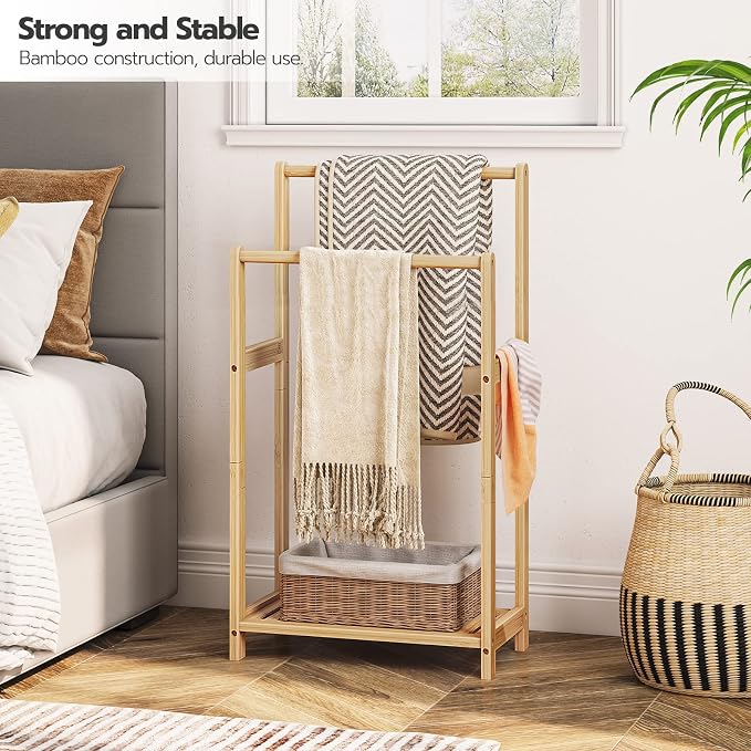HOOBRO Freestanding Towel Rack for Bathroom, 2 Tier Decorative Bamboo Blanket - Image 2
