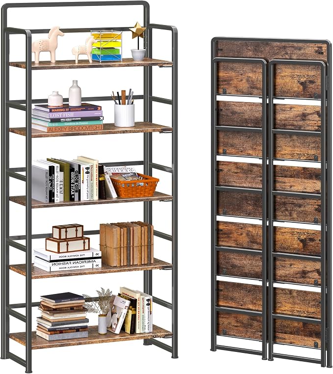 4NM No Assembly 5 Tiers Folding Bookshelf Storage Shelves Vintage Bookcase by 4NM