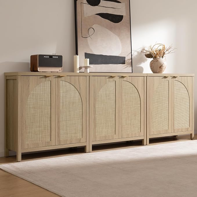 SICOTAS 102"W Rattan Sideboard Buffet Cabinet Set of 3, Mid Century Modern by SICOTAS